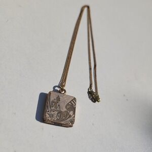 Vintage Square Locket Necklace Gold Tone Brass Lighthouse Etched Floral Keepsake